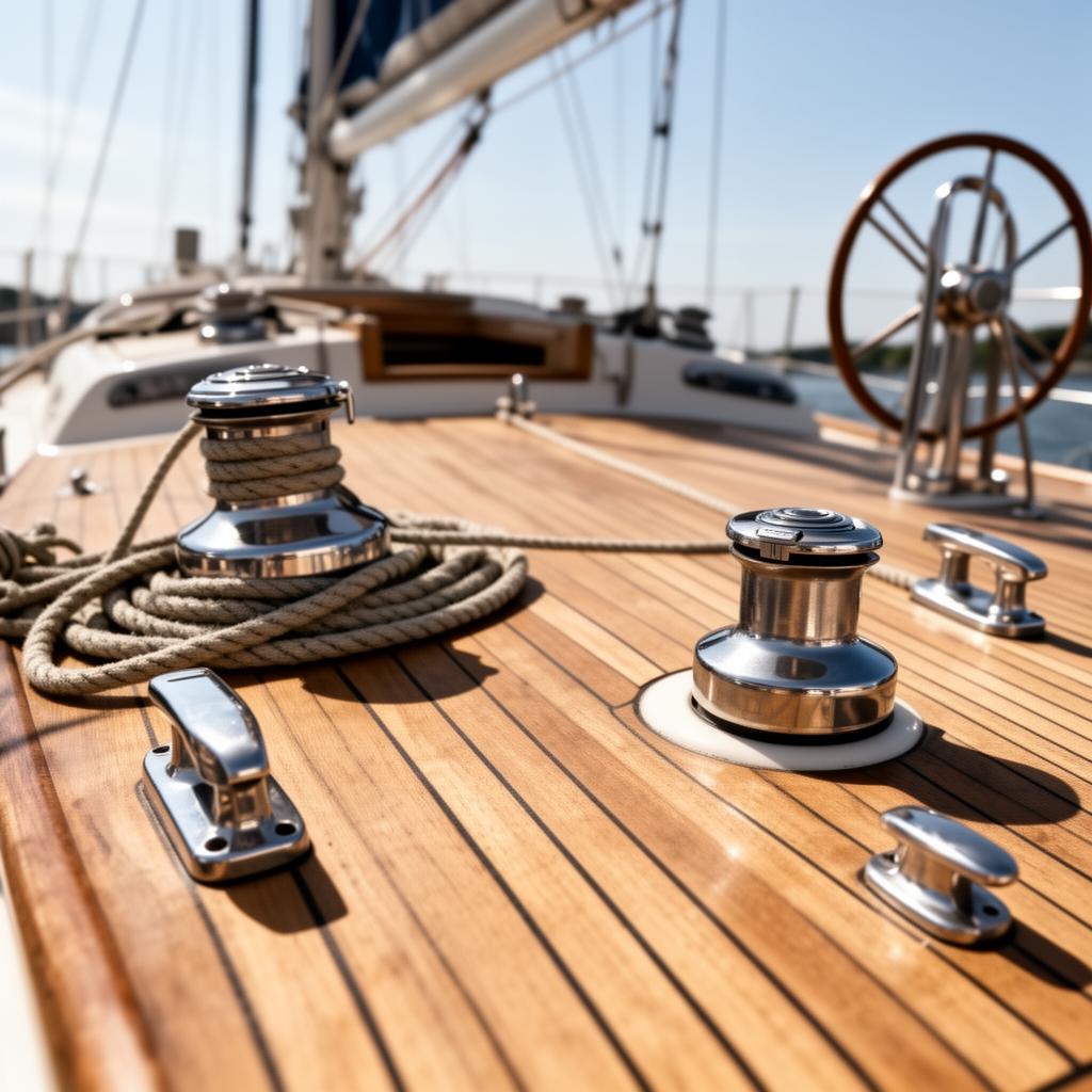 A yacht deck with winches and ropes